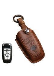 Leather Key Case Cover Fob Keychain Holder For Lincoln Ford Raptor F150 Explorer Everest Ranger Accessories Remote Keyring Bag