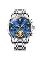 OLEVS-Men's Mechanical Watch, Classic, Water Resistant, Stainless Steel, Skeleton, Mechanical