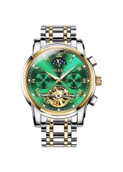 OLEVS-Men's Mechanical Watch, Classic, Water Resistant, Stainless Steel, Skeleton, Mechanical