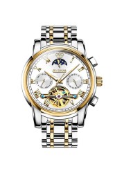 OLEVS-Men's Mechanical Watch, Classic, Water Resistant, Stainless Steel, Skeleton, Mechanical