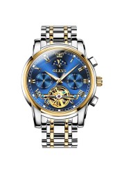 OLEVS-Men's Mechanical Watch, Classic, Water Resistant, Stainless Steel, Skeleton, Mechanical