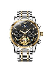 OLEVS-Men's Mechanical Watch, Classic, Water Resistant, Stainless Steel, Skeleton, Mechanical