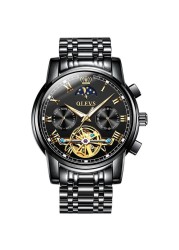 OLEVS-Men's Mechanical Watch, Classic, Water Resistant, Stainless Steel, Skeleton, Mechanical