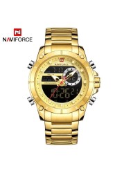 NAVIFORCE Men Military Sports Wrist Watch Gold Quartz Steel Waterproof Dual Display Male Clock Watches Relogio Masculino 9163