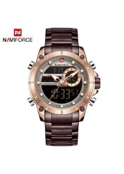 NAVIFORCE Men Military Sports Wrist Watch Gold Quartz Steel Waterproof Dual Display Male Clock Watches Relogio Masculino 9163