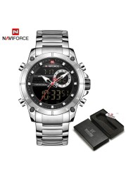 NAVIFORCE Men Military Sports Wrist Watch Gold Quartz Steel Waterproof Dual Display Male Clock Watches Relogio Masculino 9163