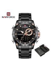 NAVIFORCE Men Military Sports Wrist Watch Gold Quartz Steel Waterproof Dual Display Male Clock Watches Relogio Masculino 9163