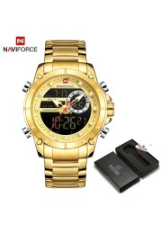 NAVIFORCE Men Military Sports Wrist Watch Gold Quartz Steel Waterproof Dual Display Male Clock Watches Relogio Masculino 9163