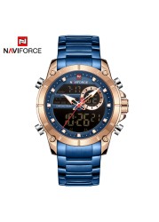 NAVIFORCE Men Military Sports Wrist Watch Gold Quartz Steel Waterproof Dual Display Male Clock Watches Relogio Masculino 9163