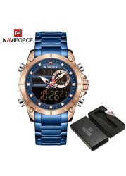 NAVIFORCE Men Military Sports Wrist Watch Gold Quartz Steel Waterproof Dual Display Male Clock Watches Relogio Masculino 9163