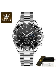 OLEVS Stainless Steel Strap Multifunction Three-eye Men's Wristwatches Quartz Waterproof Fashion Watch Men's Calendar Luminous