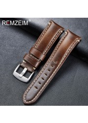 Remz Patterned - Genuine Leather Watch Strap, Brown, Green, Antique, 20, 22, 24, 26 mm, with Black and Silver Buckle