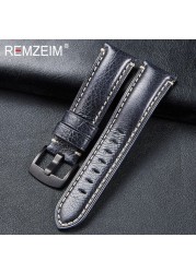 Remz Patterned - Genuine Leather Watch Strap, Brown, Green, Antique, 20, 22, 24, 26 mm, with Black and Silver Buckle