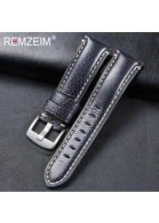 Remz Patterned - Genuine Leather Watch Strap, Brown, Green, Antique, 20, 22, 24, 26 mm, with Black and Silver Buckle