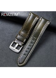 Remz Patterned - Genuine Leather Watch Strap, Brown, Green, Antique, 20, 22, 24, 26 mm, with Black and Silver Buckle