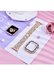 Women's Diamond Case + Strap for Apple Watch Band 7 6 41mm 45mm 40mm 44mm Metal Bracelet for iWatch Series 7 SE 3 Jewelry Cover