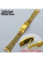 Miuksi 20mm Silver Gold Jubilee Bracelet Slide Glide Lock Clasp 904L Stainless Steel Strap Fit Watch Case Watch Band