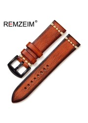 REMZEIM Retro Handmade Genuine Leather Strap Vegetable Tanned Leather Watchband 18 20 22 24mm High Quality Business Watch Band