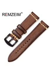 REMZEIM Retro Handmade Genuine Leather Strap Vegetable Tanned Leather Watchband 18 20 22 24mm High Quality Business Watch Band