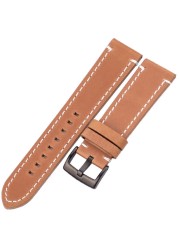 HENGRC - Genuine Cowhide Leather Watch Strap for Men and Women, Thickness 18, 20, 22, 24mm, Handmade, Retro, with Metal Buckles