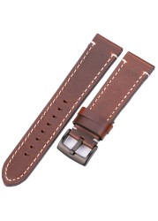 HENGRC - Genuine Cowhide Leather Watch Strap for Men and Women, Thickness 18, 20, 22, 24mm, Handmade, Retro, with Metal Buckles