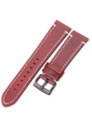 HENGRC - Genuine Cowhide Leather Watch Strap for Men and Women, Thickness 18, 20, 22, 24mm, Handmade, Retro, with Metal Buckles