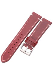 HENGRC - Genuine Cowhide Leather Watch Strap for Men and Women, Thickness 18, 20, 22, 24mm, Handmade, Retro, with Metal Buckles