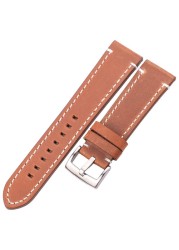 HENGRC - Genuine Cowhide Leather Watch Strap for Men and Women, Thickness 18, 20, 22, 24mm, Handmade, Retro, with Metal Buckles