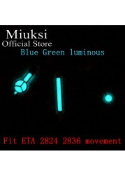 Miuksi Watch Silver Hands Green Blue Luminous Hands Fit NH35 NH36 ETA2824 2836 Miyota8205 8215 821A Mingzhu DG2813 3804 Movement