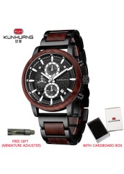 Kunhuang Luxury Wood Stainless Steel Men Watch Fashion Wooden Watches Chronograph Quartz Watches relogio masculino gift man