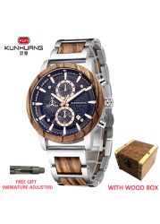 Kunhuang Luxury Wood Stainless Steel Men Watch Fashion Wooden Watches Chronograph Quartz Watches relogio masculino gift man