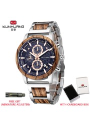 Kunhuang Luxury Wood Stainless Steel Men Watch Fashion Wooden Watches Chronograph Quartz Watches relogio masculino gift man