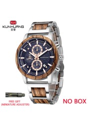 Kunhuang Luxury Wood Stainless Steel Men Watch Fashion Wooden Watches Chronograph Quartz Watches relogio masculino gift man