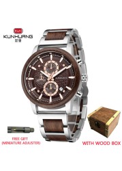 Kunhuang Luxury Wood Stainless Steel Men Watch Fashion Wooden Watches Chronograph Quartz Watches relogio masculino gift man