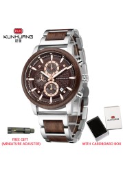 Kunhuang Luxury Wood Stainless Steel Men Watch Fashion Wooden Watches Chronograph Quartz Watches relogio masculino gift man