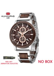 Kunhuang Luxury Wood Stainless Steel Men Watch Fashion Wooden Watches Chronograph Quartz Watches relogio masculino gift man