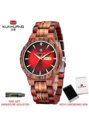 Kunhuang Men's Watch Colorful Dial Wooden Watch Week Clock Date Display Quartz Wood Wristwatch for Men Women reloj mujer