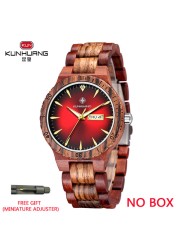 Kunhuang Men's Watch Colorful Dial Wooden Watch Week Clock Date Display Quartz Wood Wristwatch for Men Women reloj mujer