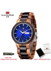 Kunhuang Men's Watch Colorful Dial Wooden Watch Week Clock Date Display Quartz Wood Wristwatch for Men Women reloj mujer