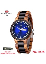 Kunhuang Men's Watch Colorful Dial Wooden Watch Week Clock Date Display Quartz Wood Wristwatch for Men Women reloj mujer