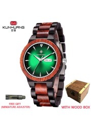 Kunhuang Men's Watch Colorful Dial Wooden Watch Week Clock Date Display Quartz Wood Wristwatch for Men Women reloj mujer