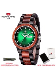 Kunhuang Men's Watch Colorful Dial Wooden Watch Week Clock Date Display Quartz Wood Wristwatch for Men Women reloj mujer