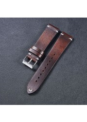 Vintage Leather Watchband Dark Brown Green Distressed Oil Wax Leather Watch Strap 20mm 22mm Quick Release Cowhide Watch Strap