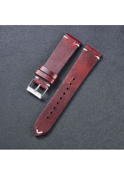 Vintage Leather Watchband Dark Brown Green Distressed Oil Wax Leather Watch Strap 20mm 22mm Quick Release Cowhide Watch Strap