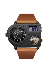 Oulm Fashion Pilot Digital Mens Watch Dual Display Multiple Time Zones Sport Leather Strap Military Oversize Quartz Male Clock