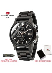 Kunhuang Handmade Wooden Watches Mens Watches Chronograph Watch Military Quartz Wristwatch Male In Wooden Gift Box Relogio