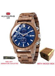 Kunhuang Handmade Wooden Watches Mens Watches Chronograph Watch Military Quartz Wristwatch Male In Wooden Gift Box Relogio