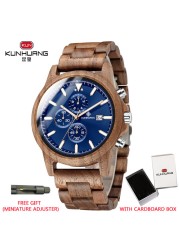 Kunhuang Handmade Wooden Watches Mens Watches Chronograph Watch Military Quartz Wristwatch Male In Wooden Gift Box Relogio