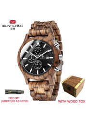 Kunhuang Handmade Wooden Watches Mens Watches Chronograph Watch Military Quartz Wristwatch Male In Wooden Gift Box Relogio