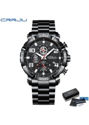 CRRJU Men's Watches Large Dial Waterproof Stainless Steel With Luminous Hands Date Sports Chronograph Watches Relogio Masculino